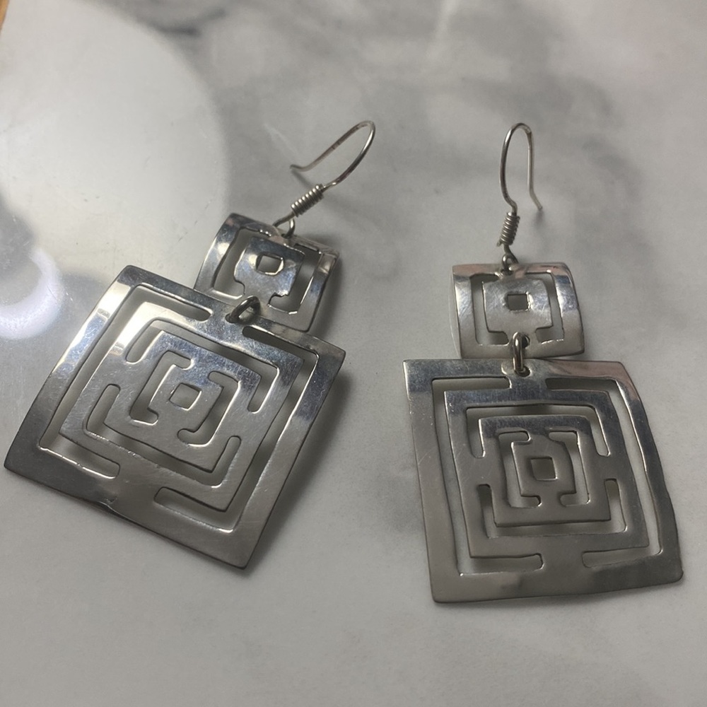 Sterling silver square pierced hook drop‎ earrings